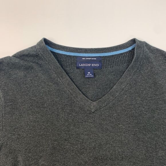 Lands End Sweater Mens M Medium Gray Pima Cotton V Neck Ribbed Trim Pullover - Picture 5 of 12